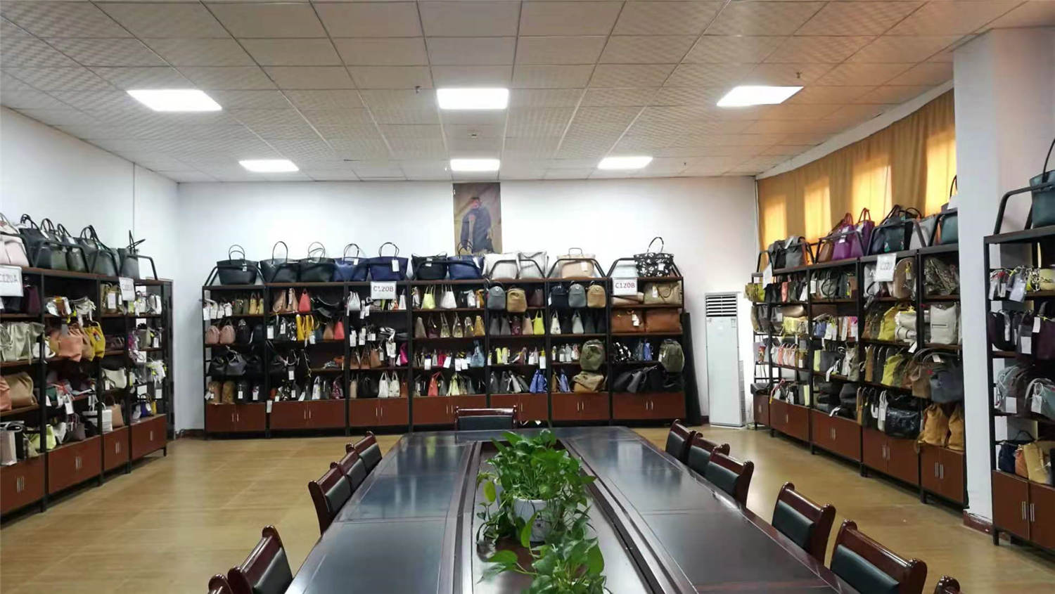 Sample showroom with hundreds of finished bag designs on display
