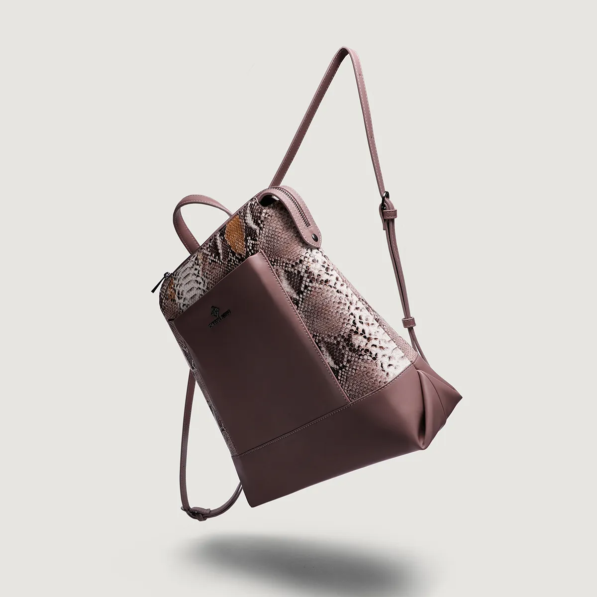 Women's Python-Embossed Backpack with Smooth PU Panel – Two-Tone PU Leather photo 2