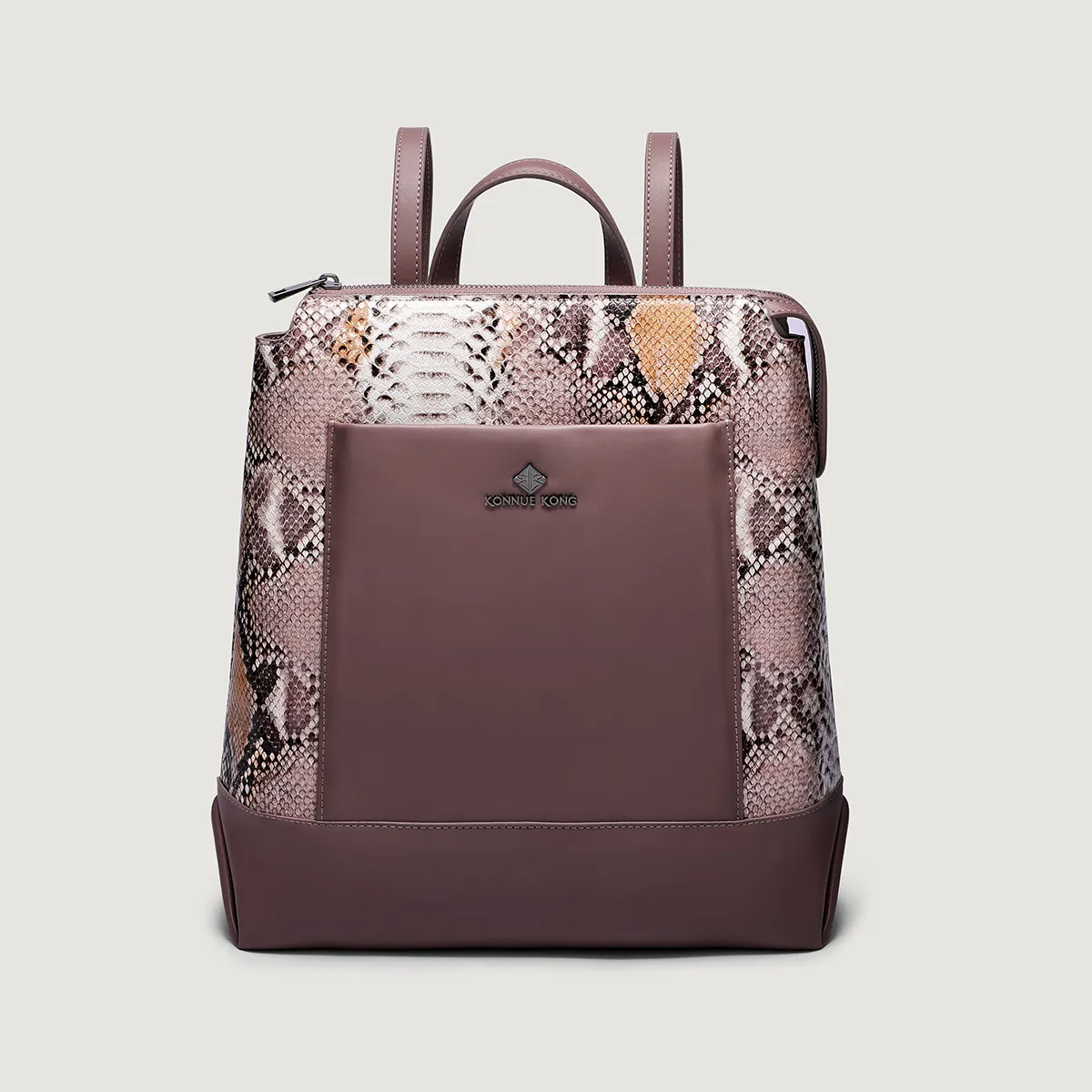 Women's Python-Embossed Backpack with Smooth PU Panel – Two-Tone PU Leather