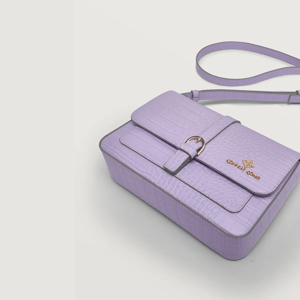 Women's Croc-Embossed Flap Crossbody Bag with Buckle Tab | PU Leather | Lavender photo 3